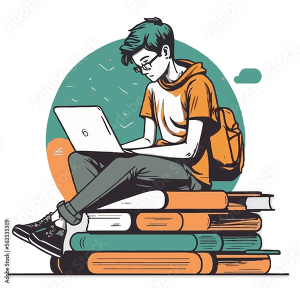 Obraz Student writing on laptop, sitting on books. Conceptual student on macbook vector graphic illustration with transparent background