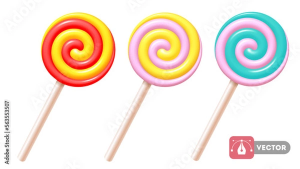 Obraz Set of sweet spiral lollipops on white plastic sticks. 3d realistic, swirl, colored sugar candies. Vector illustration EPS10