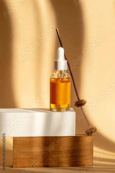 Obraz Serum is orange in transparent glass bottle with white dropper lid on wooden stand with branch of deadwood. Mockup of essential oil for care of women's skin on brown background, in rays of sunlight