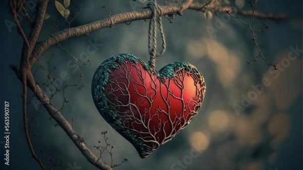 Obraz Red heart on a branch concept background, Generative AI