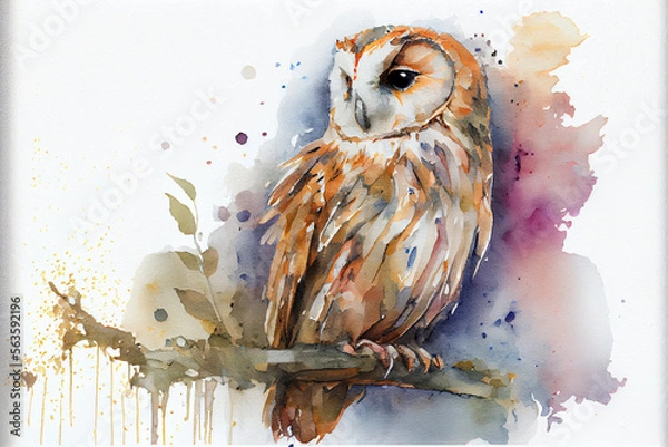 Fototapeta Eule in Aquarellfarben isoliert auf weißen Hintergrund. Generative Ai