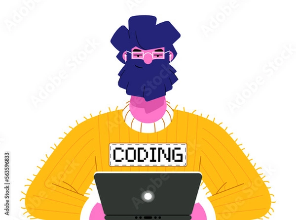 Obraz Programmer sitting at his laptop. Coder is coding flat art isolated on a white background. Vector Illustration