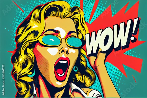 Fototapeta Wow Pop Art Gesicht. Sexy überraschte Pin-up Frau mit der Aufschrift ,,WOW". Bunter Hintergrund in Pop-Art Retro-Comic-Stil - Generative Ai