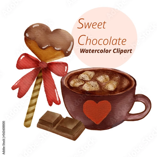 Fototapeta Heart shaped cookies with hot chocolate, hand drawn watercolor illustration isolated on white background.