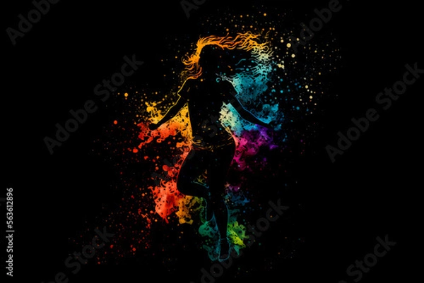 Fototapeta Female dance in abstract multi color paint explosion on black background. Freeze motion female jump through paint splash. Paint clouds with person silhouette on black background, Generative AI.
