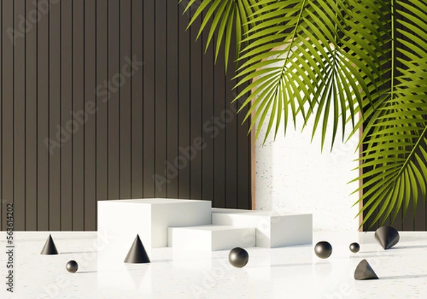 Obraz Mockup podium for product presentation and light beam 3D render illustration background.