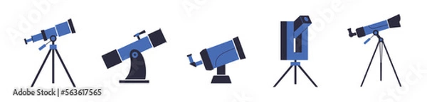 Fototapeta Modern portable astronomer telescopes. Scientific equipment spyglass, binoculars vector icons. Optical device to explore, discover galaxy, cosmos, space  illustration on white background