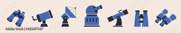 Fototapeta Optical telescopes vector flat set. Astronomy discovery equipment icons. Telescope, binoculars, spyglass, observatory illustration. Scientific devices with lenses for observation sky, stars, cosmos