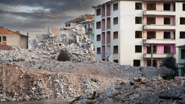 Fototapeta Israel Palestine war. War debris in a city after bombardment. War in middle east