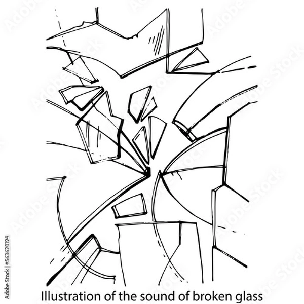 Fototapeta Illustration of the sound of broken glass. Graphic black and white isolated drawing. A window with broken glass. Cracked, Damaged glass. Fragments