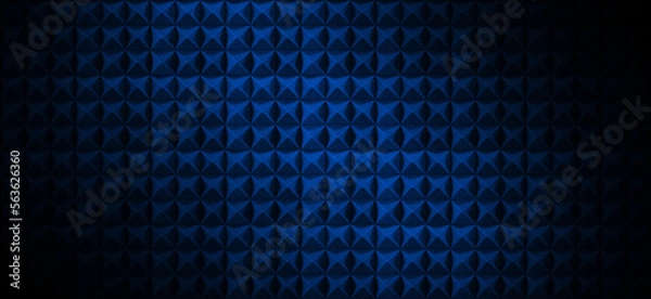 Fototapeta Dark acoustic foam wall with blue light. Recording studio room background with sound proofing texture. Radio broadcast or podcast background with copy space for website banner design