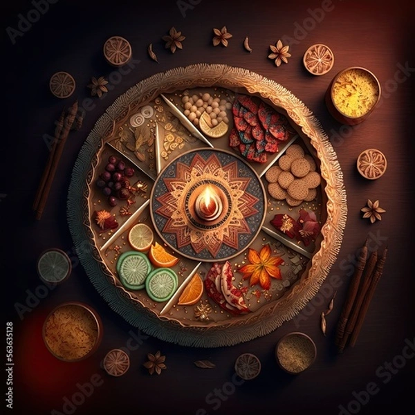 Fototapeta Divali festival, food mandala, selection of traditional festive snacks, overhead shot. AI generative illustration, generated with AI.