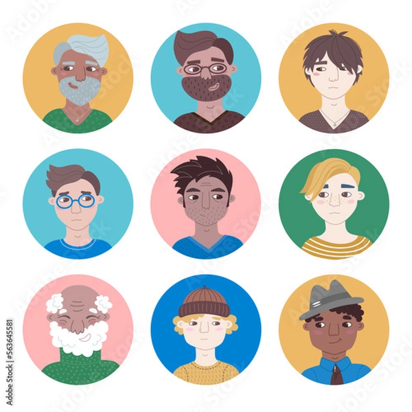 Fototapeta People male portrait set. Avatar collection casual men different ages and nationalities. Vector cartoon illustrations isolated with round backgrounds. Bundle for representing person in social network.