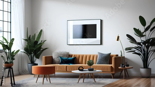 Fototapeta Yellow ginger sofa and pouf in modern white gray living room interior design. Generative AI