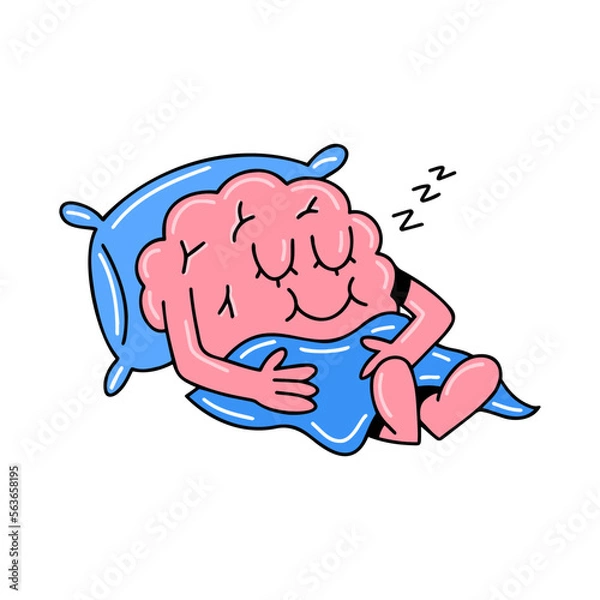 Fototapeta Brain emotion vector cartoon character cute face sleep peacefully closed eyes have rest relax pillow blanket isolated on white background