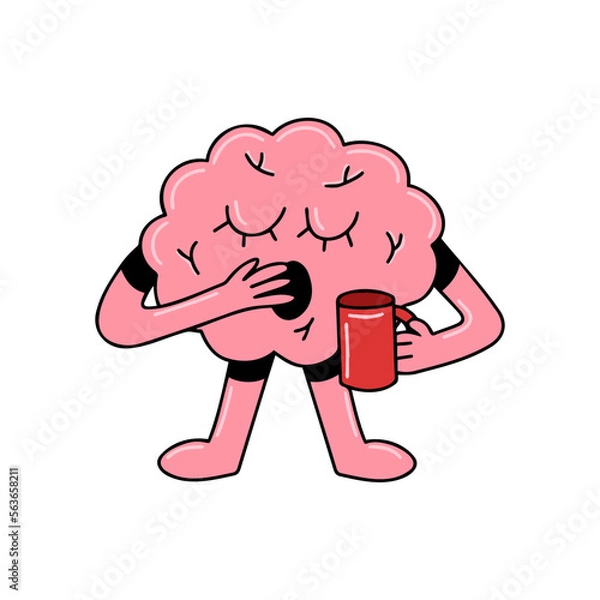 Fototapeta Brain emotion vector cartoon character cute face sleepy tired morning coffee cup yawn overworked need rest isolated on white background