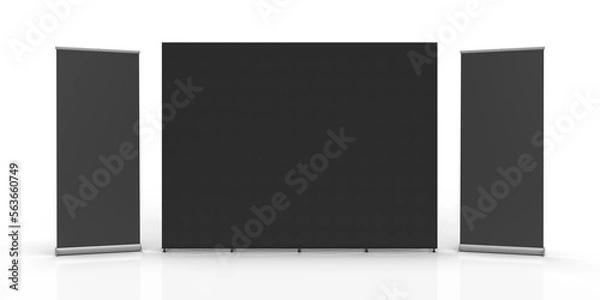 Fototapeta Black Fabric Wall Banner Exhibition Graphic Wall and Retractable Banners on either side with a transparent background.