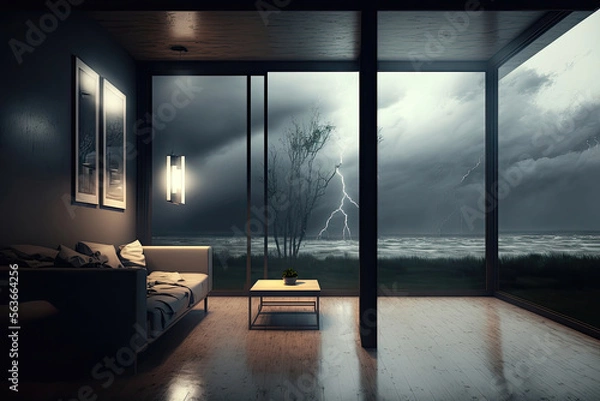 Fototapeta Storm-Proof Sanctuary: A Modern, Energy-Efficient Room with Large Windows for Natural Light and Storm Watchin. Generative AI