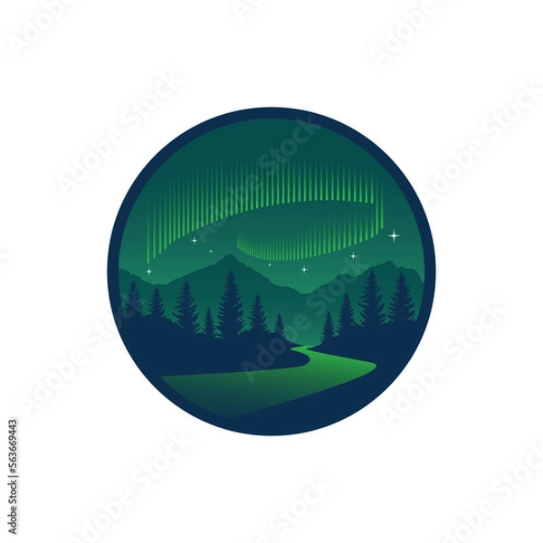 Fototapeta Illustration of Green aurora light with mountain tree river environment design for badge, sticker, logo
