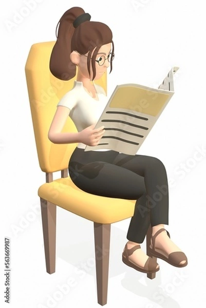 Fototapeta A businesswoman reading a newspaper while sitting on a chair. isolated. Reading news. 3d-rendering
