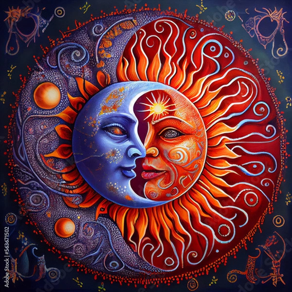 Obraz Sun and moon esoteric illustration colorful psychedelic abstract