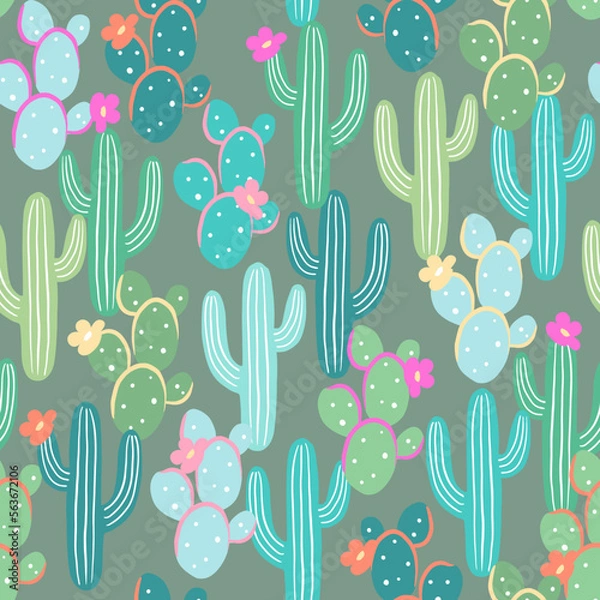 Fototapeta Cute cartoon cactuses, seamless pattern with vector hand drawn illustrations