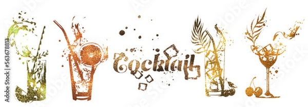 Fototapeta Set of cocktail glasses - Cocktail bar menu. Vector elements for restaurant and cafe. Design template with different colorful cocktails.