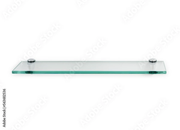 Fototapeta Glass shelf with chrome holders isolated on white wall. Front view.