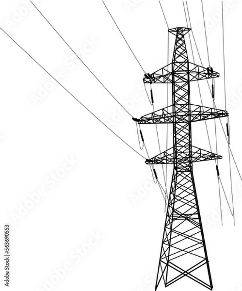 Fototapeta Silhouette of high voltage power lines on a white background
