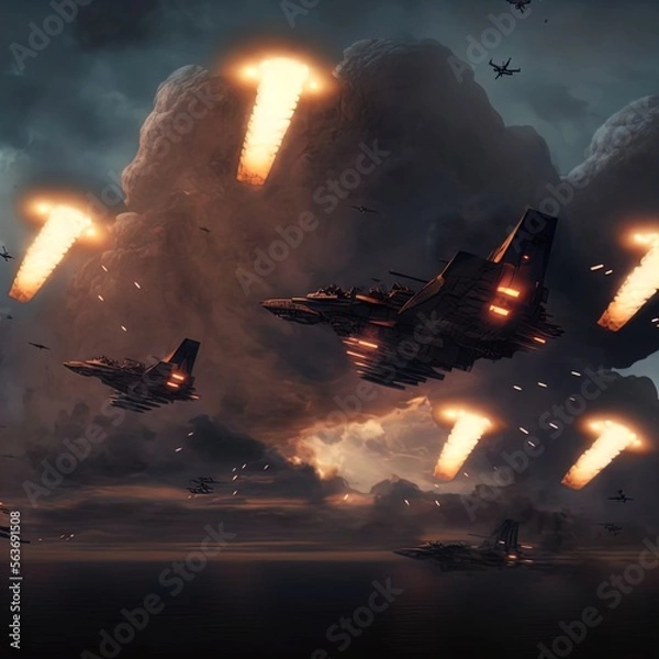 Fototapeta Epic battle between aliens and Earthlings. Action scene. Made with Generative AI.	