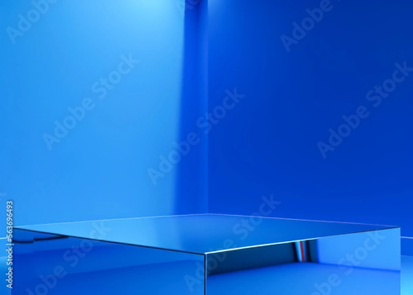 Fototapeta Generative AI blue podium with blue background. Blue product background stand or podium pedestal on advertising display with blank backdrops.