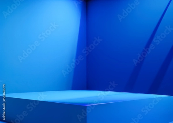 Fototapeta Generative AI blue podium with blue background. Blue product background stand or podium pedestal on advertising display with blank backdrops.