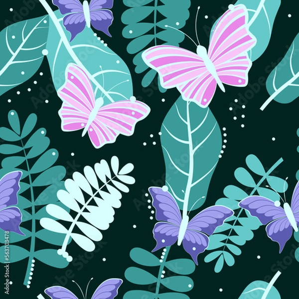 Fototapeta Butterfly seamless pattern and leaves. Natural print. Packaging template, graphic design, textiles, bedding and wallpaper.