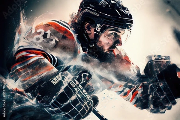Obraz multi exposure illustration of ice hockey player in motion, generative ai