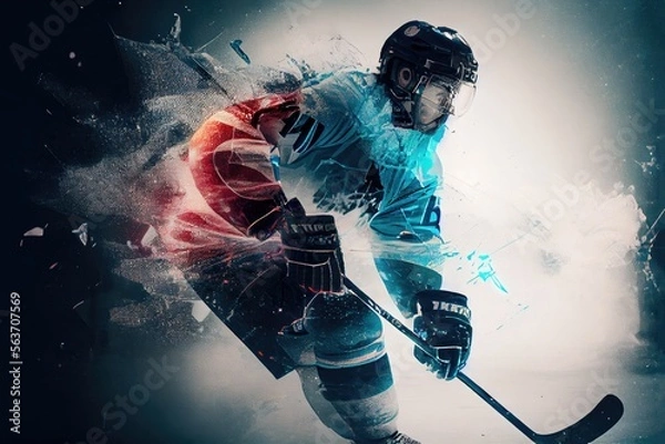 Obraz multi exposure illustration of ice hockey player in motion, generative ai