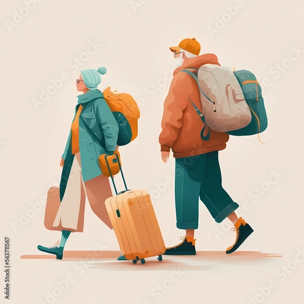 Fototapeta Illustration for website banner or presentation slide. Two characters with suitcases of people that travel the world, move or relocate. 