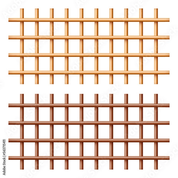 Fototapeta Realistic wooden lattice, rural picket fence. Farm or village house boundary, garden enclosing planks. Detailed wooden jail cage. Criminal background mockup. Creative vector illustration