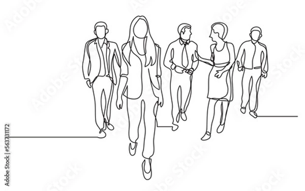 Fototapeta continuous line drawing vector illustration with FULLY EDITABLE STROKE of business team walking together 3