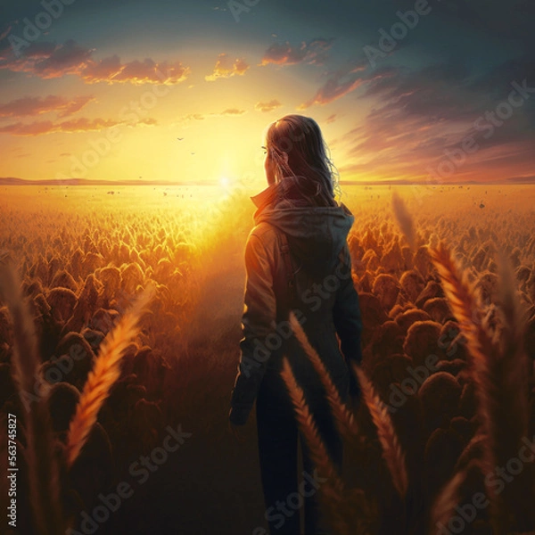 Fototapeta Girl in a wheat field at sunset. Digital art. Generative AI.