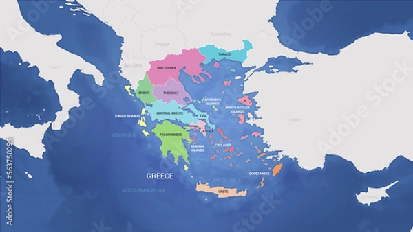 Fototapeta Detailed administrative map of Greece with all greek regions