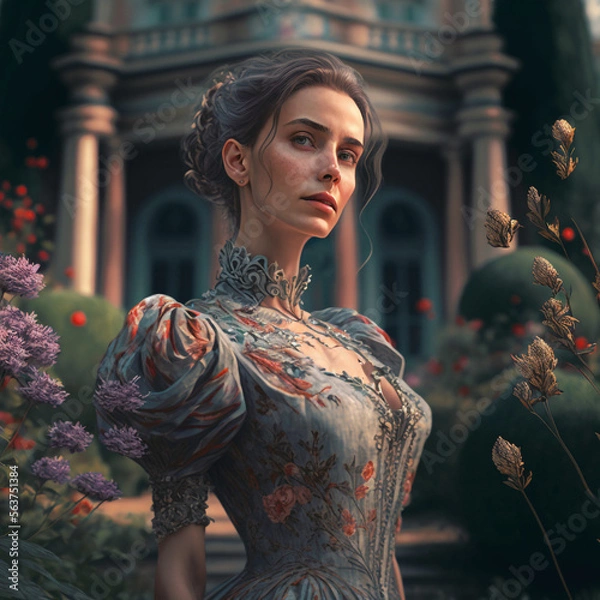 Fototapeta Closeup portrait of a beautiful woman in the garden. Digital art. Generative AI.