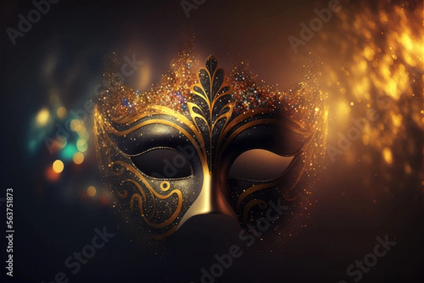 Fototapeta Luxury golden carnival mask for Venice carnival with abstract blurred golden background. Venetian costume. Generative AI.