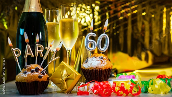 Obraz Happy birthday background with champagne glasses with number cake  60. Beautiful birthday card with decorations copy space.