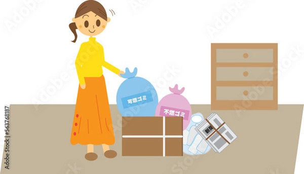 Obraz 部屋でゴミを仕分けして片付けている女性のイラスト・断捨離・整理整頓・片付け・大掃除