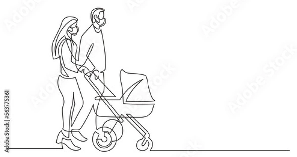 Fototapeta continuous line drawing vector illustration with FULLY EDITABLE STROKE - young family walking with baby stroller wearing face mask