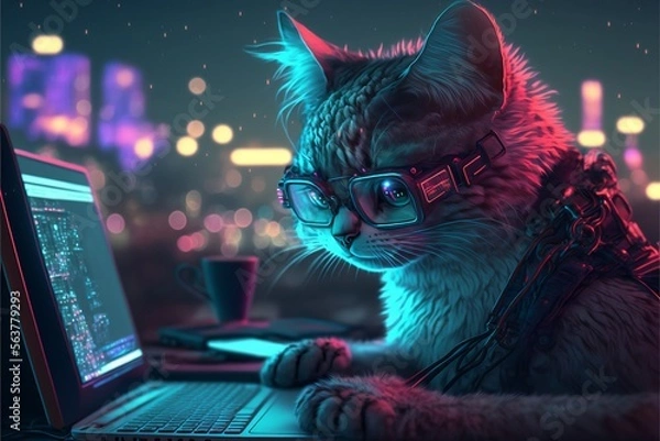 Obraz Abstract cat hacker working on laptop, Technology cyberpunk background,Cinematic,Generative ai