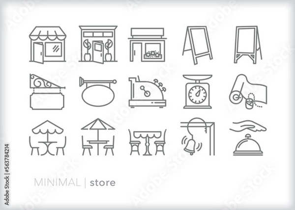Fototapeta Set of store line icons of small businesses on main street such as cafes, restaurants, and souvenir shops