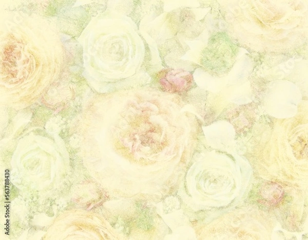 Obraz Pale yellow background with drawing of flowers. Ranunculus and roses