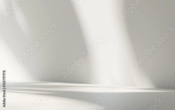 Obraz Beautiful foliage of tropical plant tree in sunlight, leaf shadow on table counter and white wall with space in background for luxury summer, nature, hygiene organic product display backdrop 3D