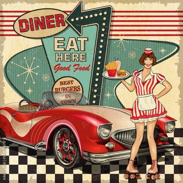 Obraz Vintage Diner poster in traditional American style with waitress on roller skates.